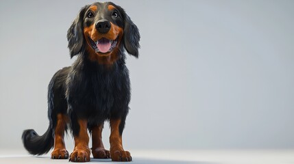A dachshund standing and looking up with its tongue out against a plain light gray background space