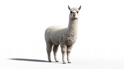 A full body shot of a white alpaca standing on a white background with a small shadow on the ground