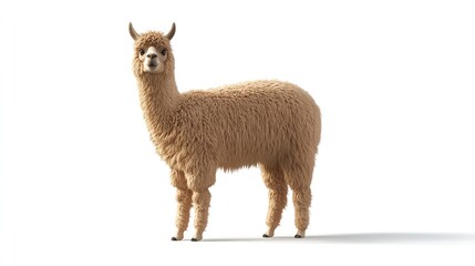 A full body shot of a fluffy light brown alpaca standing on a white background looking at the camera