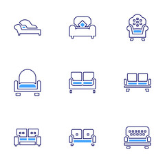 Sofa icon set. Bold line style. Duotone colors. Editable stroke. armchair, sofa, single, couch