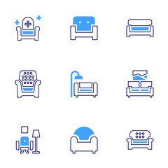 Sofa icon set. Bold line style. Duotone colors. Editable stroke. couch, sofa, armchair