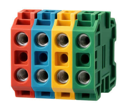 Color-coded terminal block for quick circuit identification in a home's electrical panel.