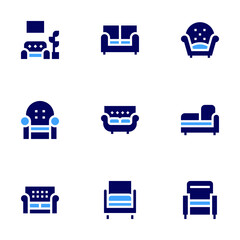 Sofa icon set. Bold style. Duotone colors. living room, couch, armchair, divan