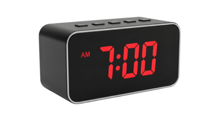 Digital alarm clock displaying 700 am with red led numbers, isolated on transparent background it is a modern and sleek timekeeping device