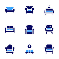 Sofa icon set. Bold style. Duotone colors. sofa bed, armchair, sofa, waiting room, living room