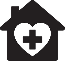 house icon with a heart and a cross inside, symbolizing healthcare and home care, icon vector