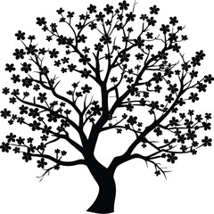 Black silhouette of a cherry blossom tree with delicate branches and flowers. Perfect for spring designs, Japanese themes, nature logos, wellness brands, and minimalist illustrations.