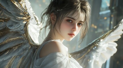 A beautiful angel with white and golden wings looking forward in a soft dreamy fantasy setting