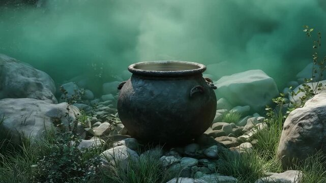 A mysterious cauldron emits green smoke surrounded by rocks and grass in a forest during twilight