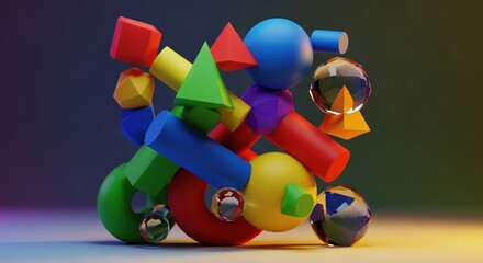 A colorful, abstract sculpture made up of various geometric shapes and spheres, with a mix of vibrant colors and textures.