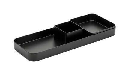 A sleek black desk organizer with multiple compartments isolated on transparent background, ideal for tidy storage of office supplies and accessories