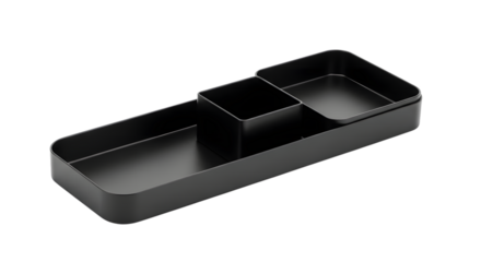 A sleek black desk organizer with multiple compartments isolated on transparent background, ideal for tidy storage of office supplies and accessories