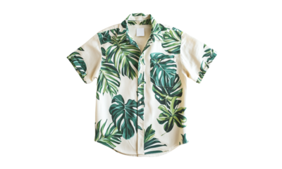 Tropical leaf print shirt summer fashion apparel indoor studio close-up stylish look