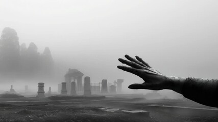 A hand emerges from fog in a graveyard with weathered tombstones surrounded by mist in the early morning light - Powered by Adobe