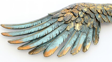 A close up of a decorative wing with blue and gold feathers on a white background in a studio shot