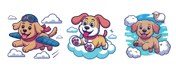 Adorable puppy illustrations set, featuring a charming flying dog pilot, playful cloud puppy, and sheep dog friend, creating heartwarming cartoon vibes