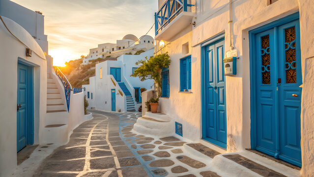 Picturesque street in mykonos, greece at sunset with white and blue houses