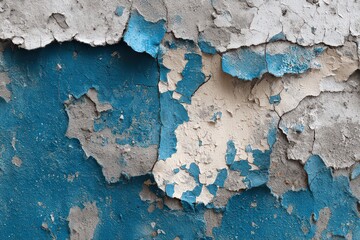 Weathered Wall Surface Showing Peeling Blue Paint Over Textured Grey and White Concrete