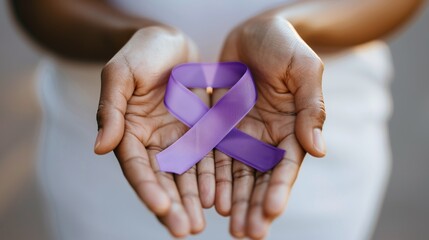 Epilepsy Awareness Month. portrait of diverse hands gently holding a purple ribbon against soft natural light, symbolizing epilepsy awareness, shallow depth of field