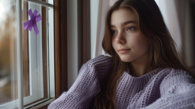 Epilepsy Awareness Month. portrait of young adult sitting by window with natural light, wearing purple sweater, peaceful expression, purple awareness ribbon visible on clothing