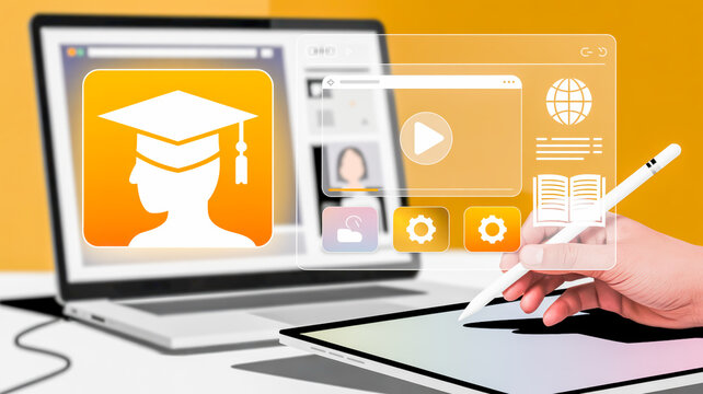Laptop and tablet displaying online learning interface with graduation icon