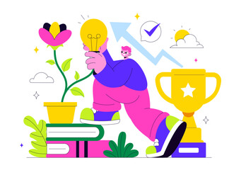 Personal Growth Vector Illustration Featuring Development Through Positive Habits, Lifelong Learning, Adaptability and Perseverance for Career Success