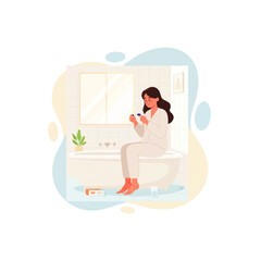 Obraz premium Woman in bathroom awaiting pregnancy test results, sitting on edge of tub.