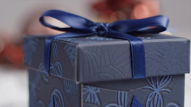 Elegant dark blue gift box with a delicate satin ribbon and decorative embossed pattern perfect for luxurious presents on special occasions holidays and celebration
