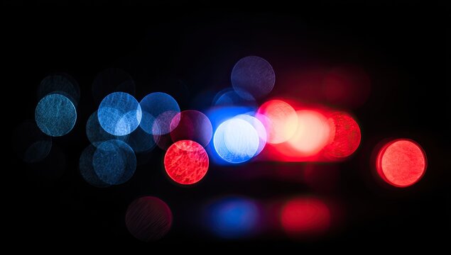 Abstract, blurry police lights against black background, red and blue bokeh
