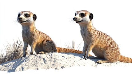 Two meerkats sitting on a sandy mound looking alert with a white background in a studio setting