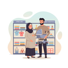 Obraz premium Pregnant Muslim woman and man shopping for baby items in a store.