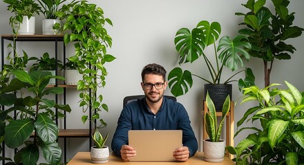 Man working at desk surrounded by plants in home office.