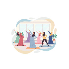 Obraz premium Muslim women in hijabs doing yoga class together indoors.