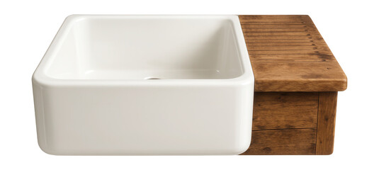 A rustic farmhouse kitchen sink with a spacious porcelain basin and wooden drainboard.
