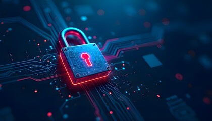 Futuristic 3D glowing cyber lock with neon data streams on digital circuit background