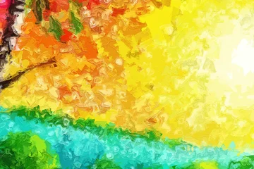 Fotobehang Geel Various oil paintings, flowers, figures, forests, roses, peonies, lakes, birds, landscapes, villages, houses  © Zhang