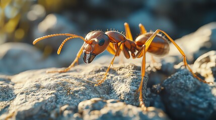 A close up of an ant standing on a rock with a blurred background in the sunlight outdoors view