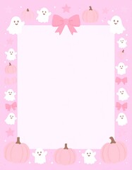 Pastel pink Halloween border frame decorated with cute ghosts and candy elements