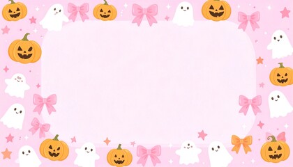 Obraz premium Pastel pink Halloween border frame decorated with cute ghosts and candy elements