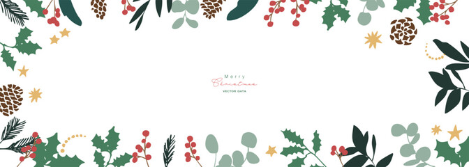 12月のクリスマスフレーム。松ぼっくりとヒイラギのクリスマス背景。冬のクリスマスリースイラスト。
December Christmas frame. Christmas background with pine cones and holly. Winter Christmas wreath illustration.