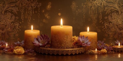 A close up of three candles on a table with flowers in the background