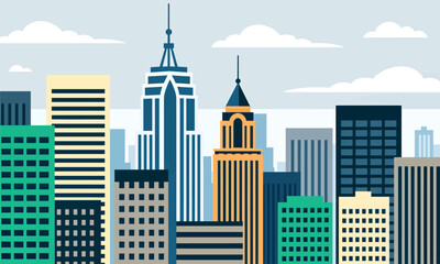 Obraz premium Colorful flat city skyline with modern skyscrapers under cloudy sky