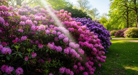 Obraz premium Blooming Rhododendrons in Sunlight - A Vibrant Garden Scene.