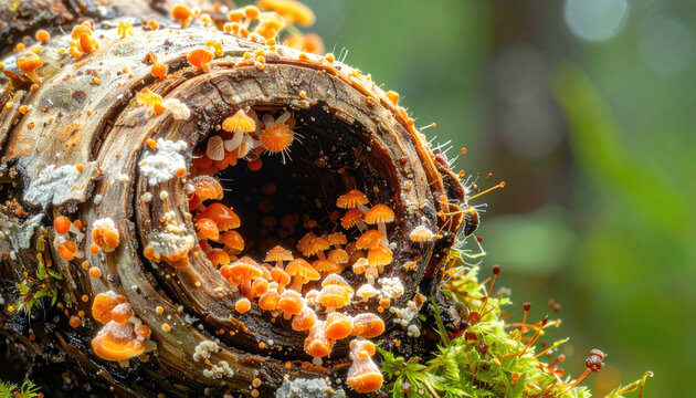 Close-Up Macro of Tree Root Entwined with Tiny Fungi and Insects