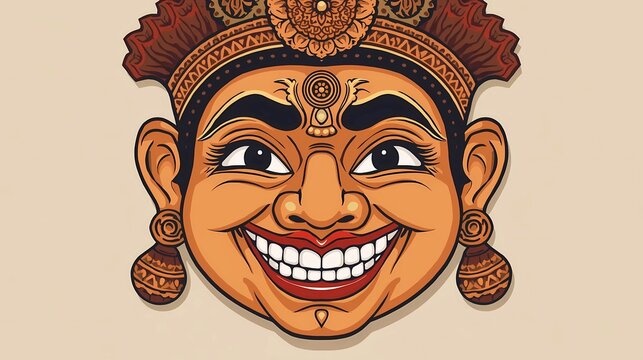 &ldquo;Vector illustration inspired by Punakawan characters from Javanese mythology, featuring a cheerful and humorous face in traditional wayang style.