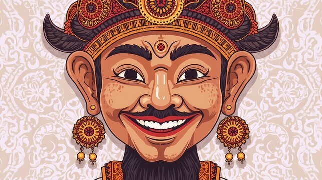 &ldquo;Vector illustration inspired by Punakawan characters from Javanese mythology, featuring a cheerful and humorous face in traditional wayang style.