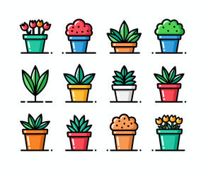 Colorful potted plant icons in flat style, isolated on white background