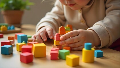 A child enthusiastically constructing with wooden blocks on a table, highlighting the role of play in diverse educational experiences