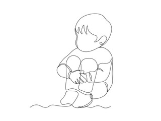 Child a little boy without a face sits on the floor and cries, resentment, pain, bullying, continuous single line art hand drawing sketch, logo on white background