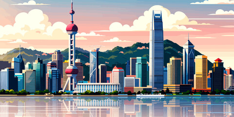 Obraz premium Colorful vector cityscape with modern skyscrapers and mountain backdrop at sunset
